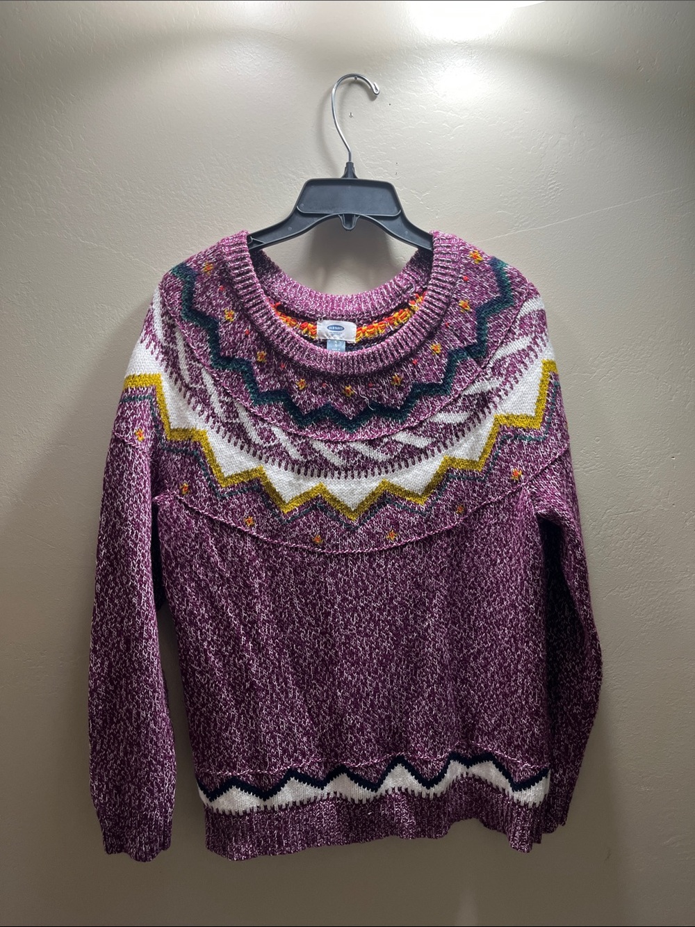 Old Navy Purple Patterned Yoke Sweater with White, Green & Yellow Accents